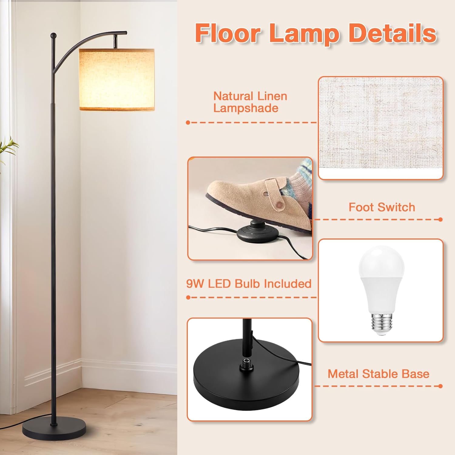 Thumbnail 6 de PreeOtti Stehlampe Wohnzimmer mit 3 Farbtemperaturen (LED, verstellbarer Leinenschirm)