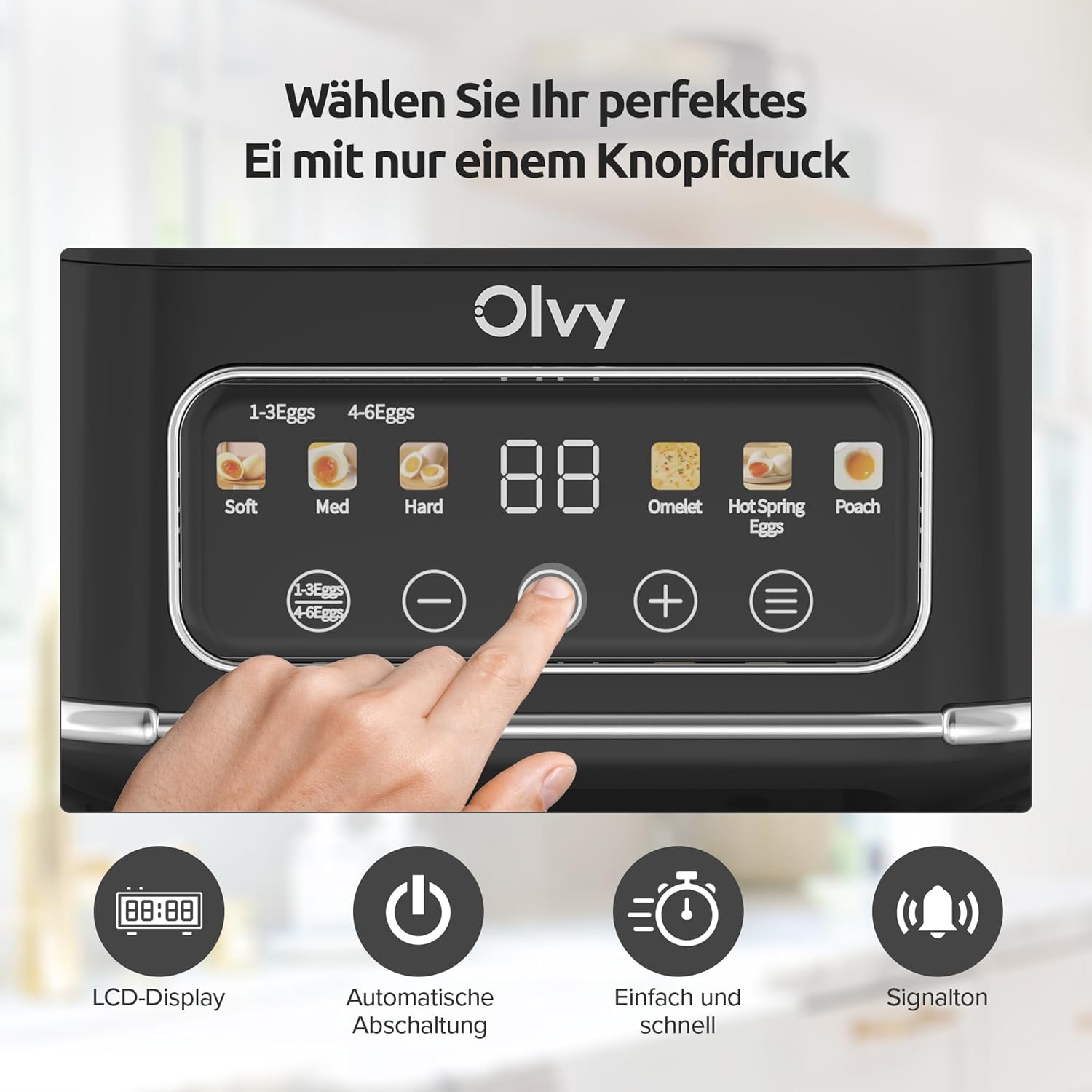 Thumbnail 4 de Olvy automatischer Eierkocher für 6 Eier (6-in-1) mit LCD-Timer und Dampfgarer