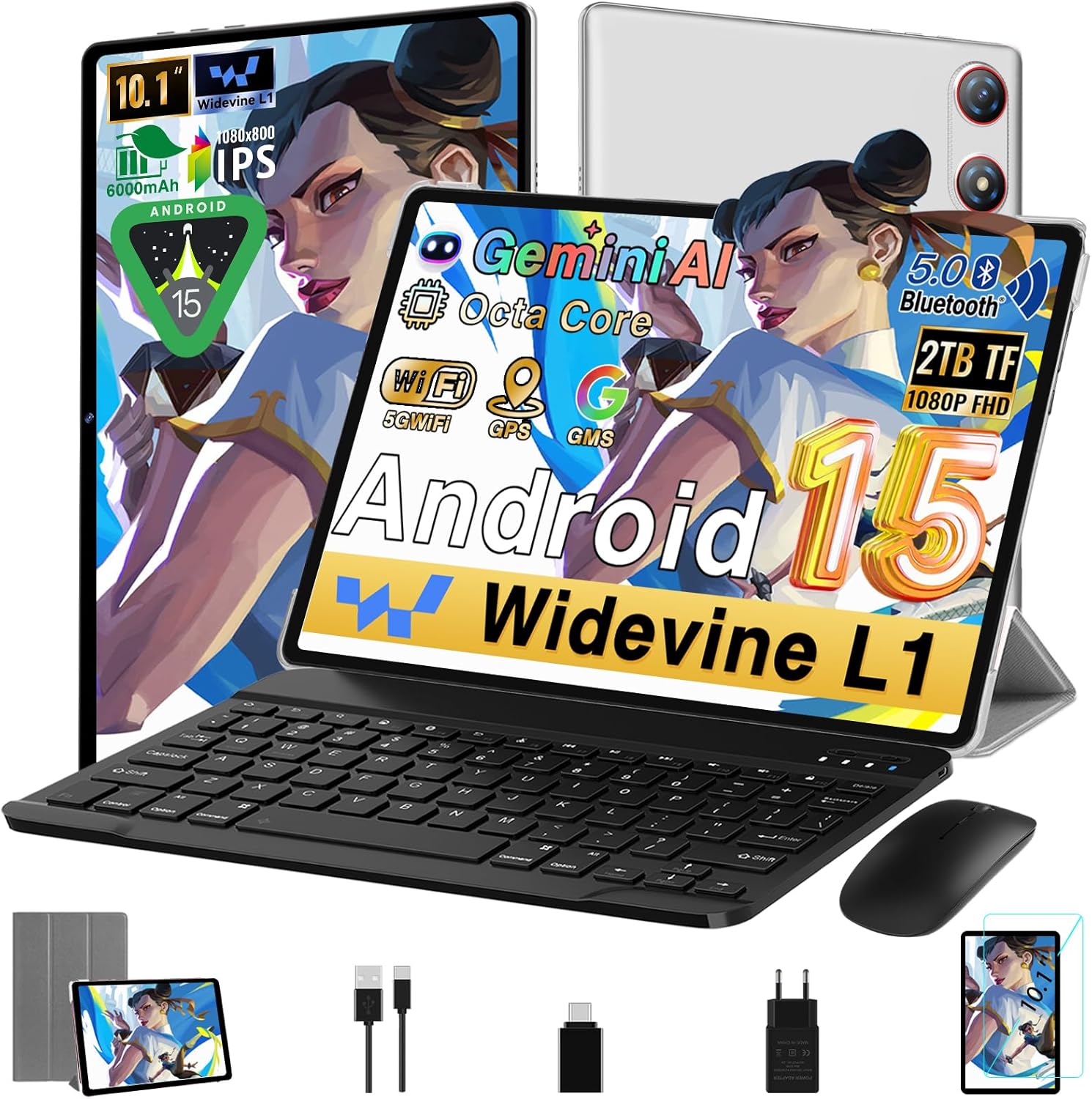 Tablette Android 10 pouces UJJ (64 Go ROM + extension TF 2 To) : clavier et souris inclus