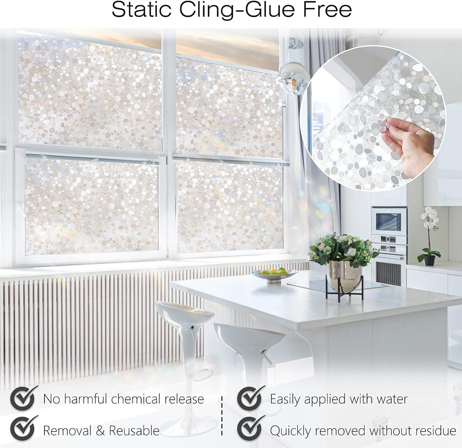 Detalle 1 de rabbitgoo A015-90 Window Privacy Film, 3D Pebble Rainbow Static Cling, 35.4" x 78.7