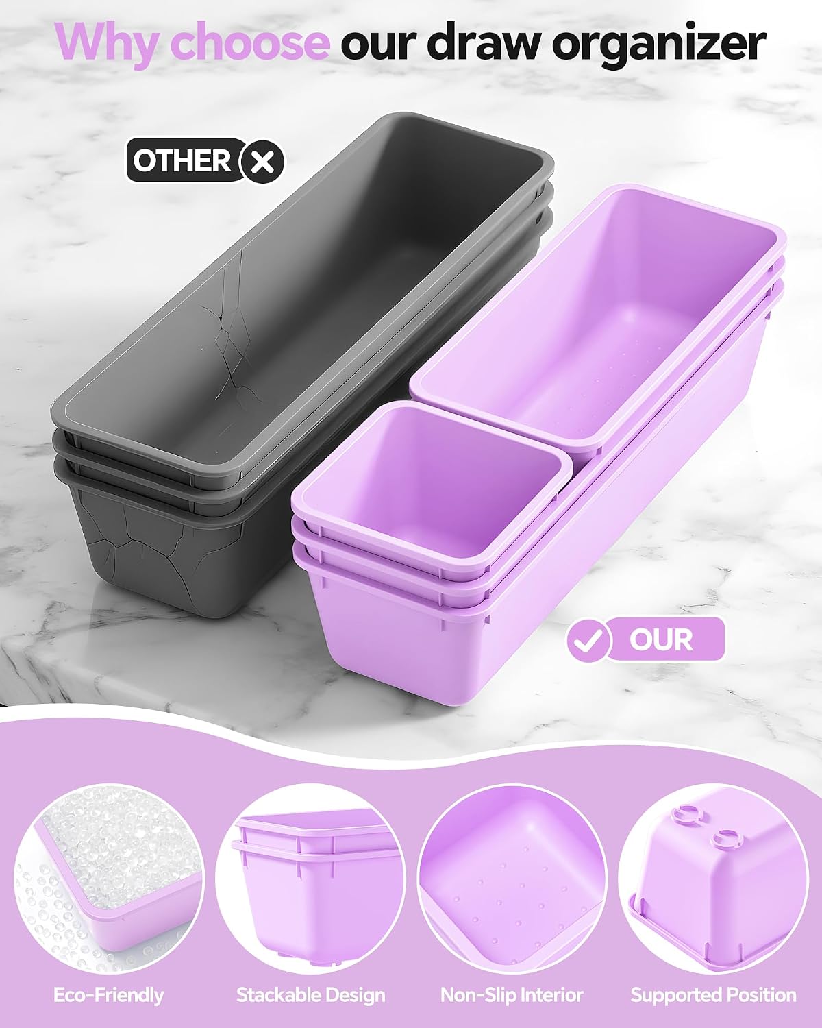 Detalle de Canfanni CT13-Purple 13-Piece Plastic Drawer Organizer Set, 3 Sizes