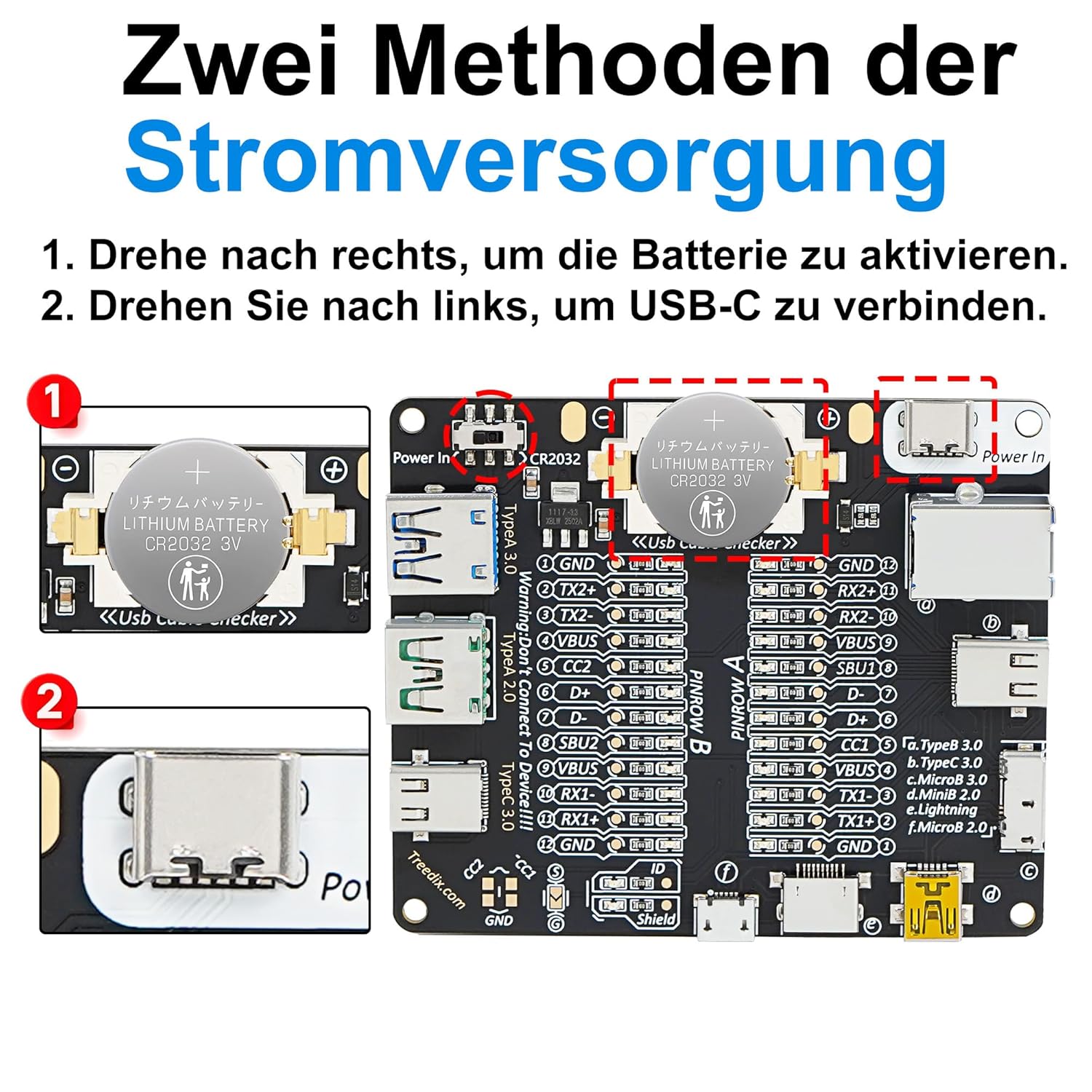 Detalle de Treedix USB-Kabeltester für USB‑C, USB‑A, USB‑B, Micro/Mini und Lightning-Kabel