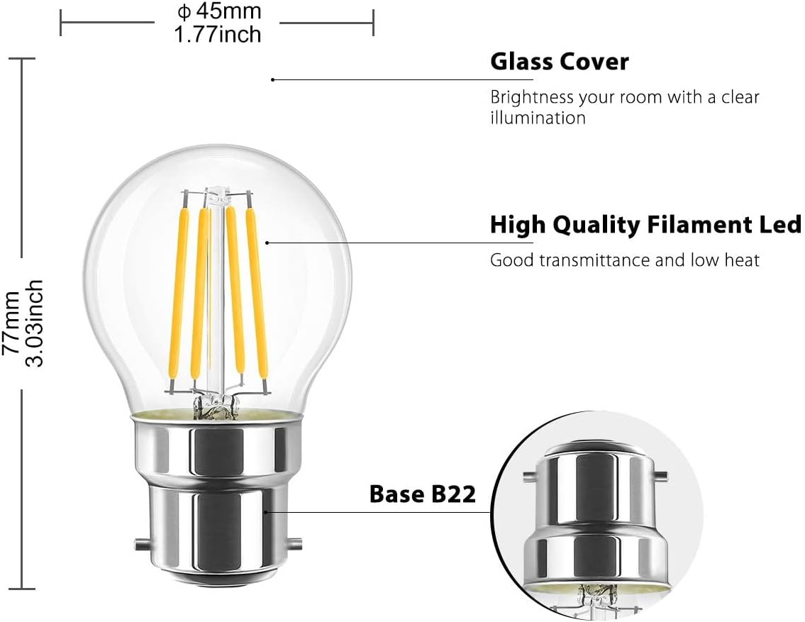Detalle de LVWIT B22 Golfball LED Bayonet Filament Bulb — 5.5W, 806LM, 2700K Warm White, 220-240V, 6-Pack