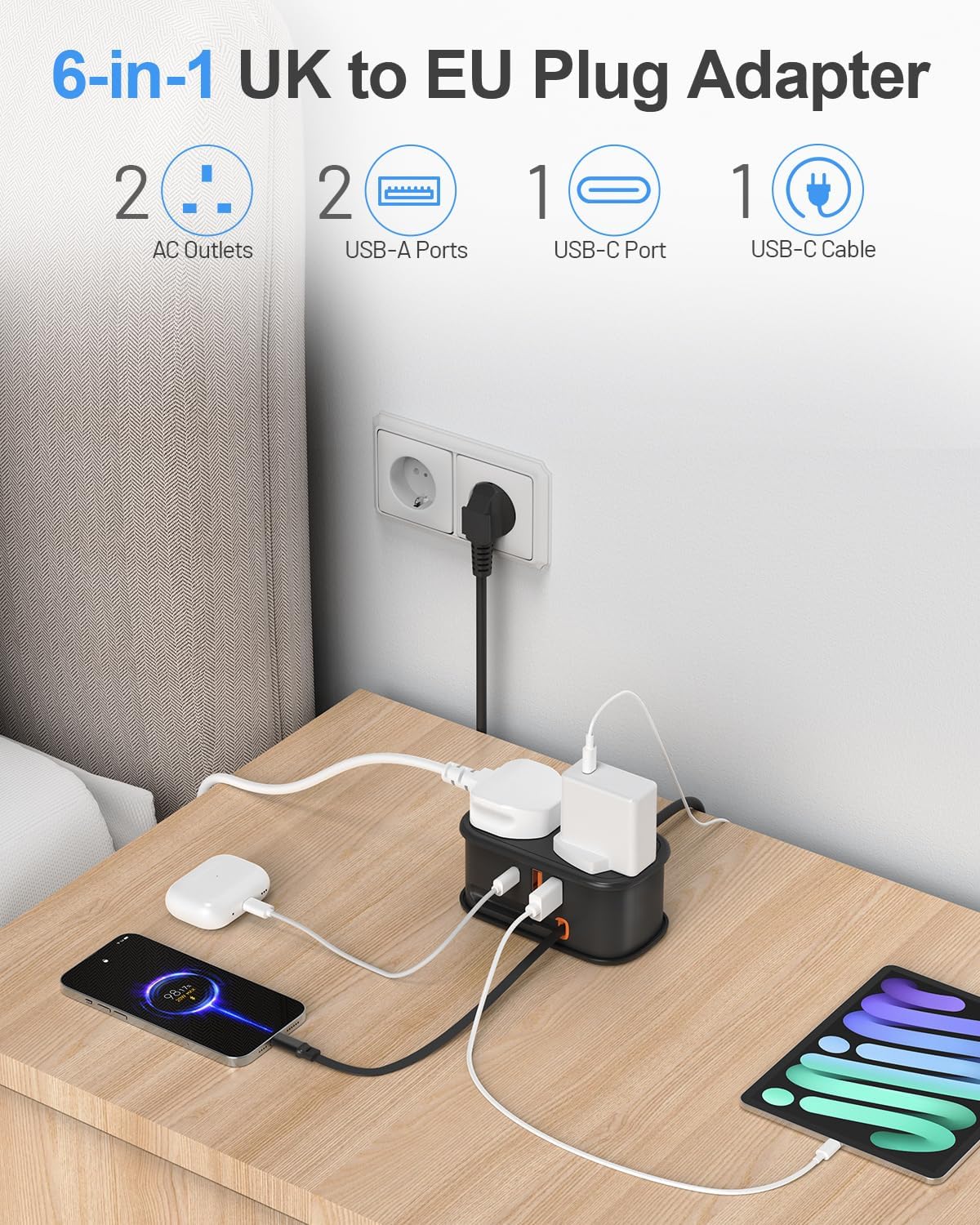 Detalle 2 de FDTEK UK to European Plug Adapter with 1.5m Extension Cable and 3 USB Ports (Type E/F)