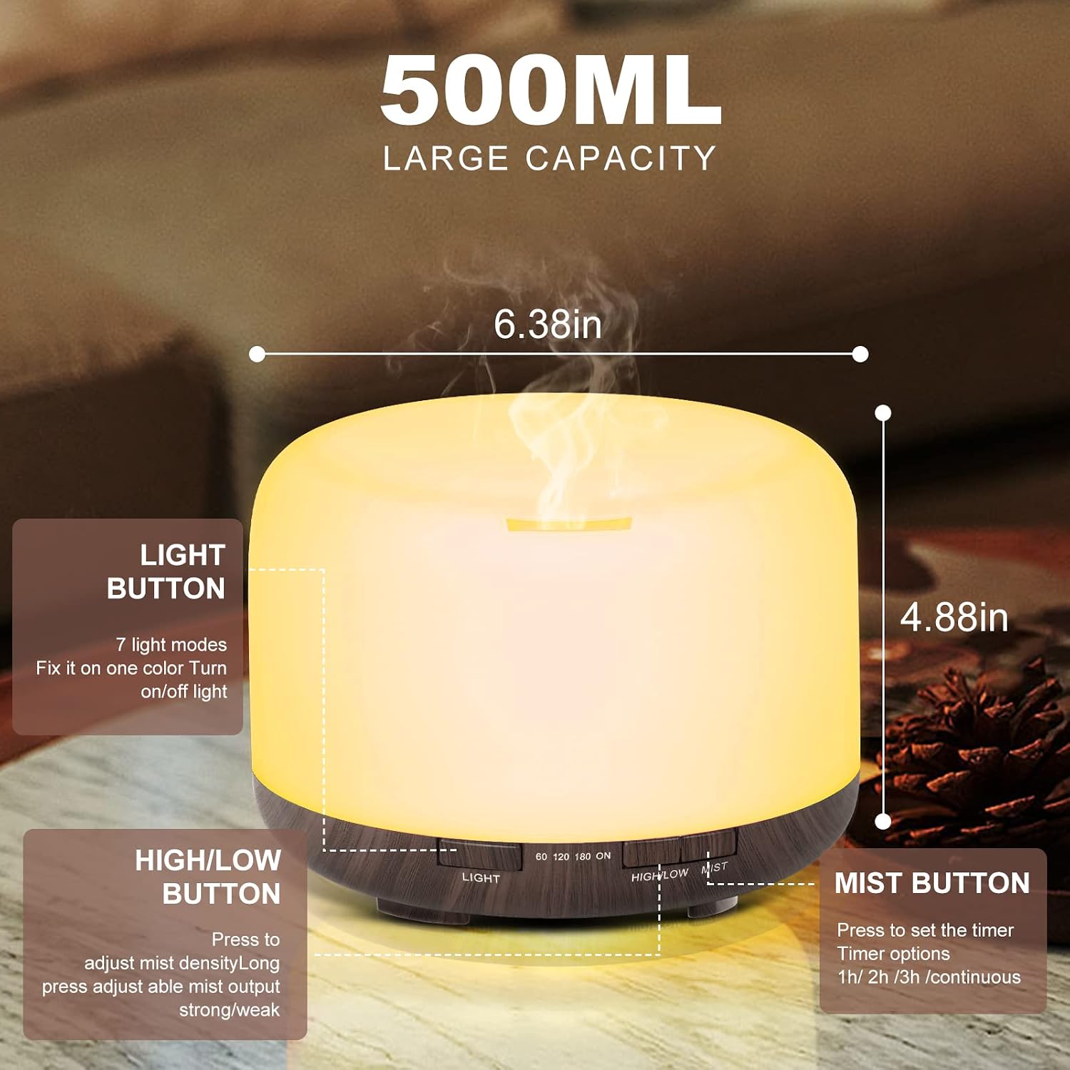 Detalle 2 de ACWOO 021 eterisk oljediffusor, 500 ml med fjärrkontroll och LED-ljus