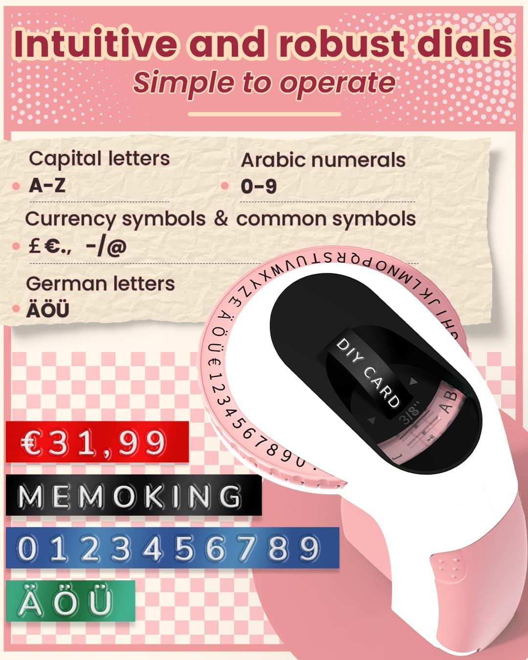 Detalle 2 de Memoking MK-E975-3-PK reliëflabelmaker met 48 tekens en 3 labelrollen