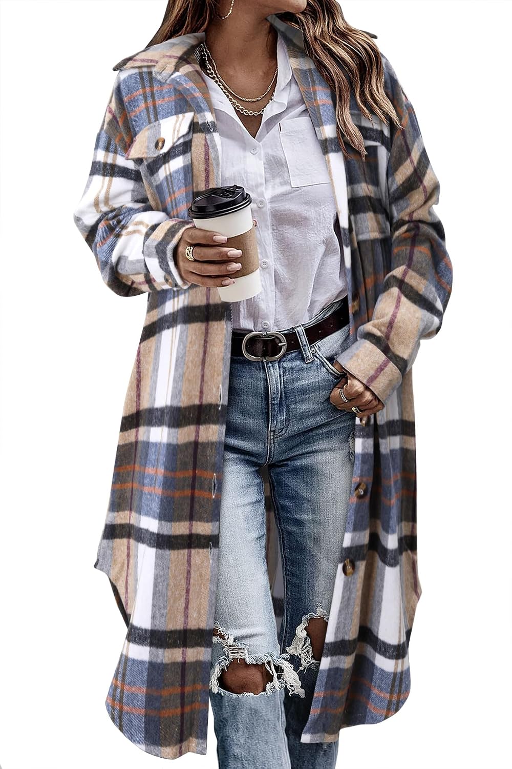 Detalle de onlypuff Women's Plaid Long Shacket, Flannel Jacket with Lapel and Button-Down Front