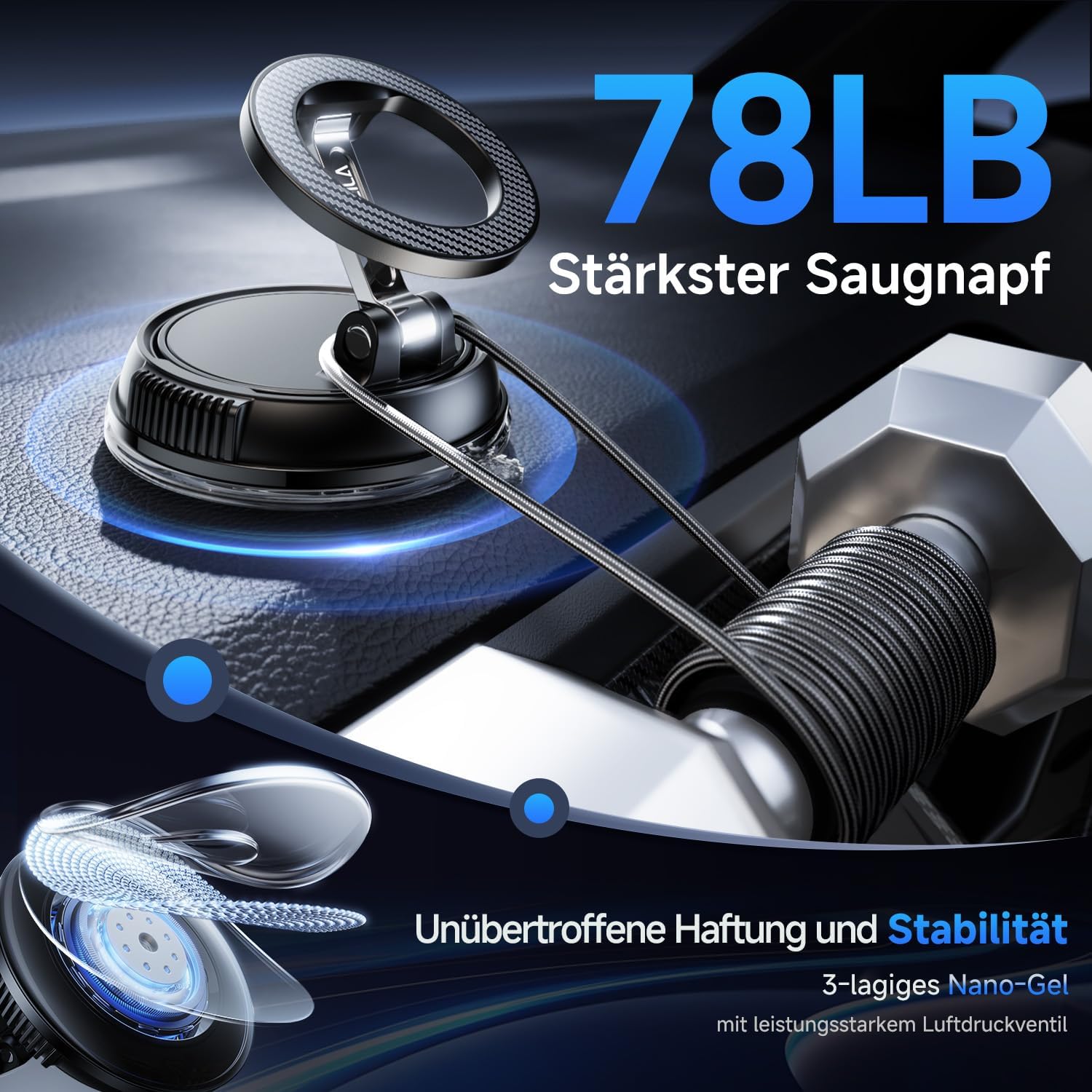 Detalle de Moeila Vakuum Handyhalterung Auto für MagSafe – magnetische 360° Halterung mit Doppelgelenk, mattschwarz