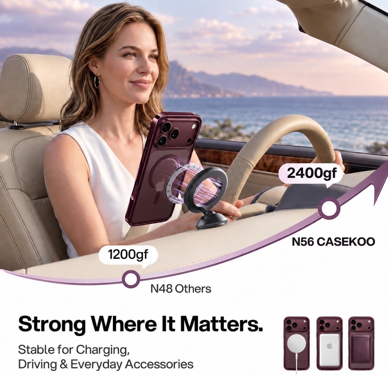 Detalle de CASEKOO LinKOO Magnetic iPhone Case, Burgundy Clear Back with Wrist Strap