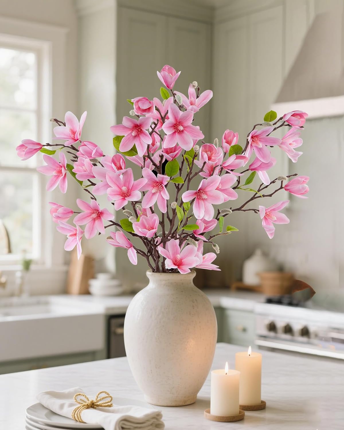 Thumbnail 5 de LEUCHTAMOR 3PCS Artificial Magnolia Flowers – Pink Real-Touch Silk Bouquets for Elegant Home Decor