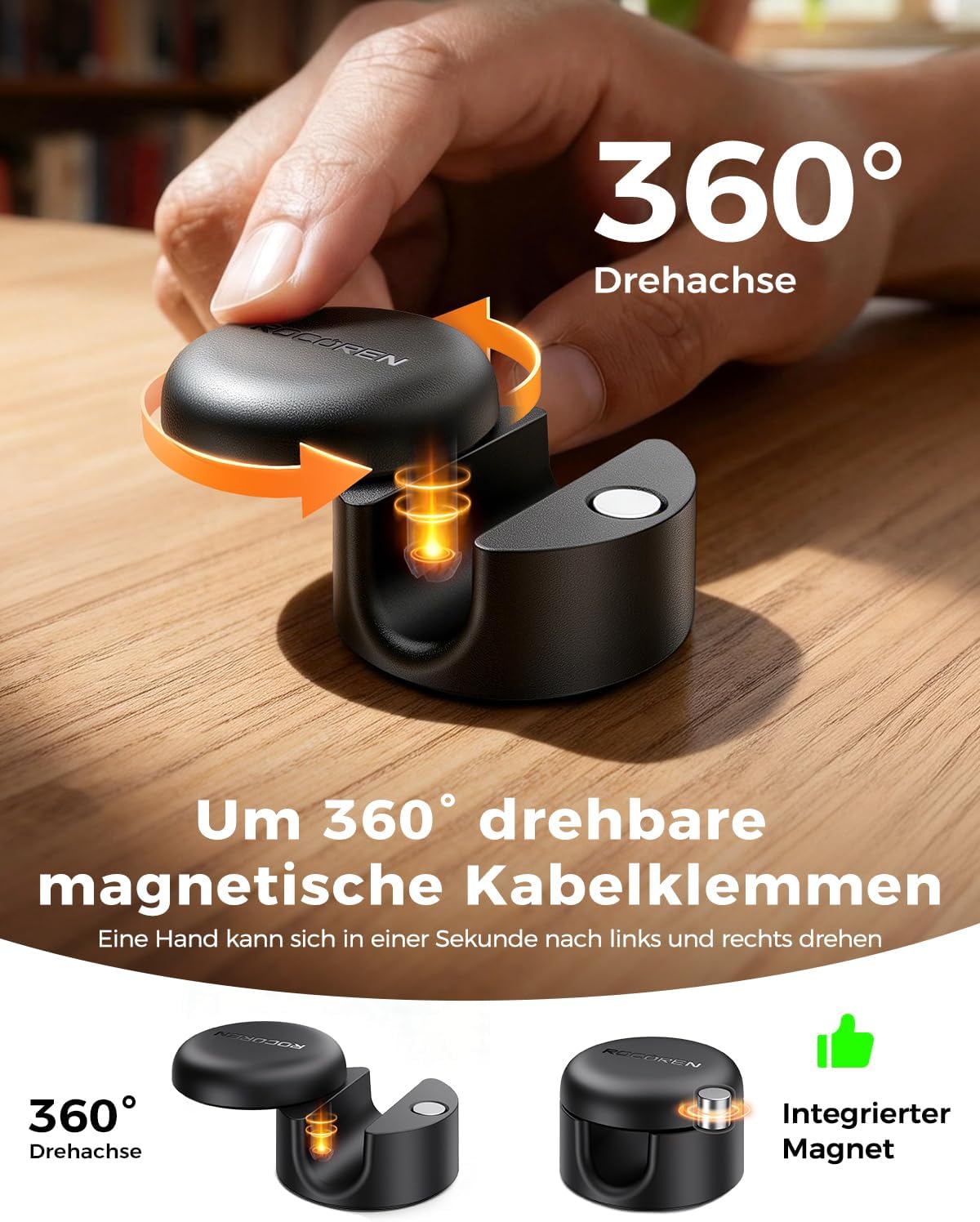 Thumbnail 1 de Rocoren Kabelhalter Selbstklebend – 9 Stück, magnetisch, 360° drehbar, 7,5 mm Schlitz, Kabelmanagement für Schreibtisch/Office