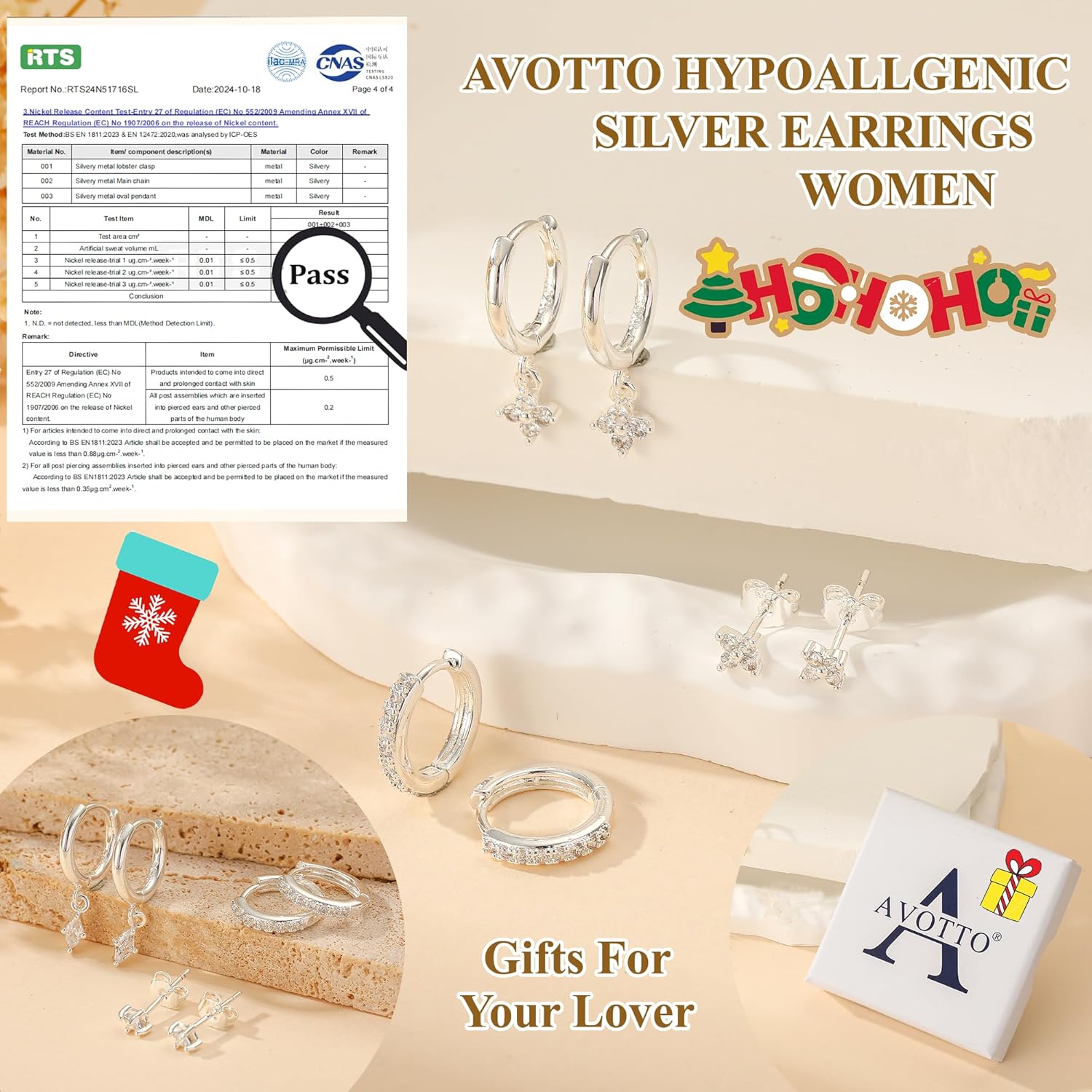 Thumbnail 3 de AVOTTO 3-pair sterling silver stud hoop earrings set (hypoallergenic) for women