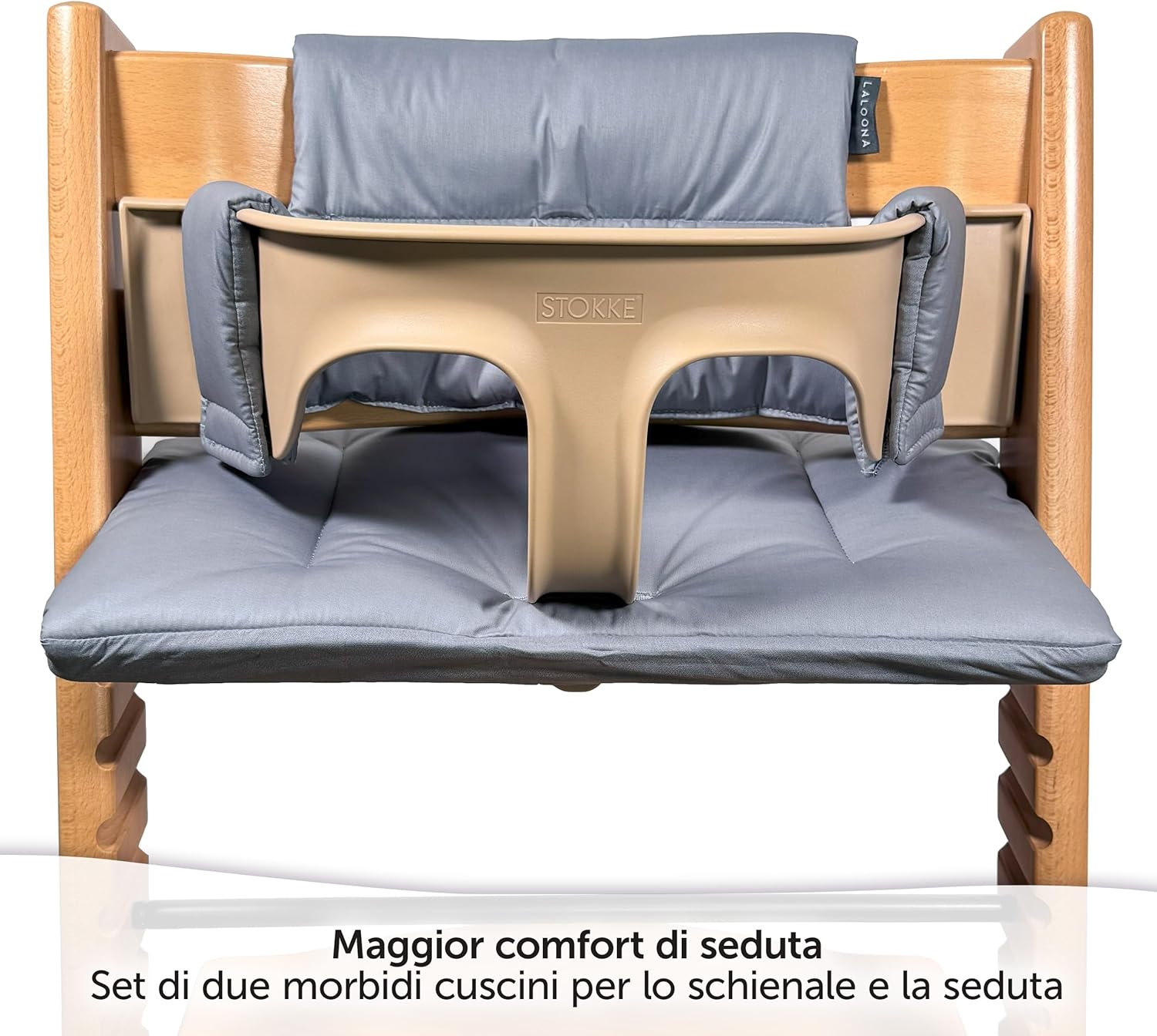 Thumbnail 1 de LaLoona Cuscino Seduta per Seggiolone Stokke Tripp Trapp (2 pezzi) in cotone OEKO-TEX, grigio rivestito