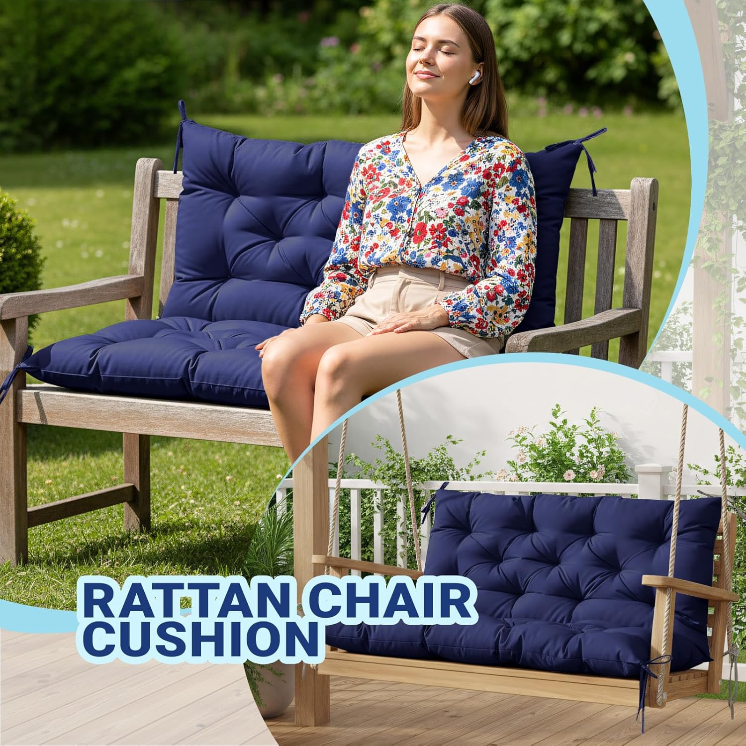 Detalle de ZxrFxr Waterproof Swing Seat Cushions: Navy 100x100cm for 2/3/4 Seater Benches