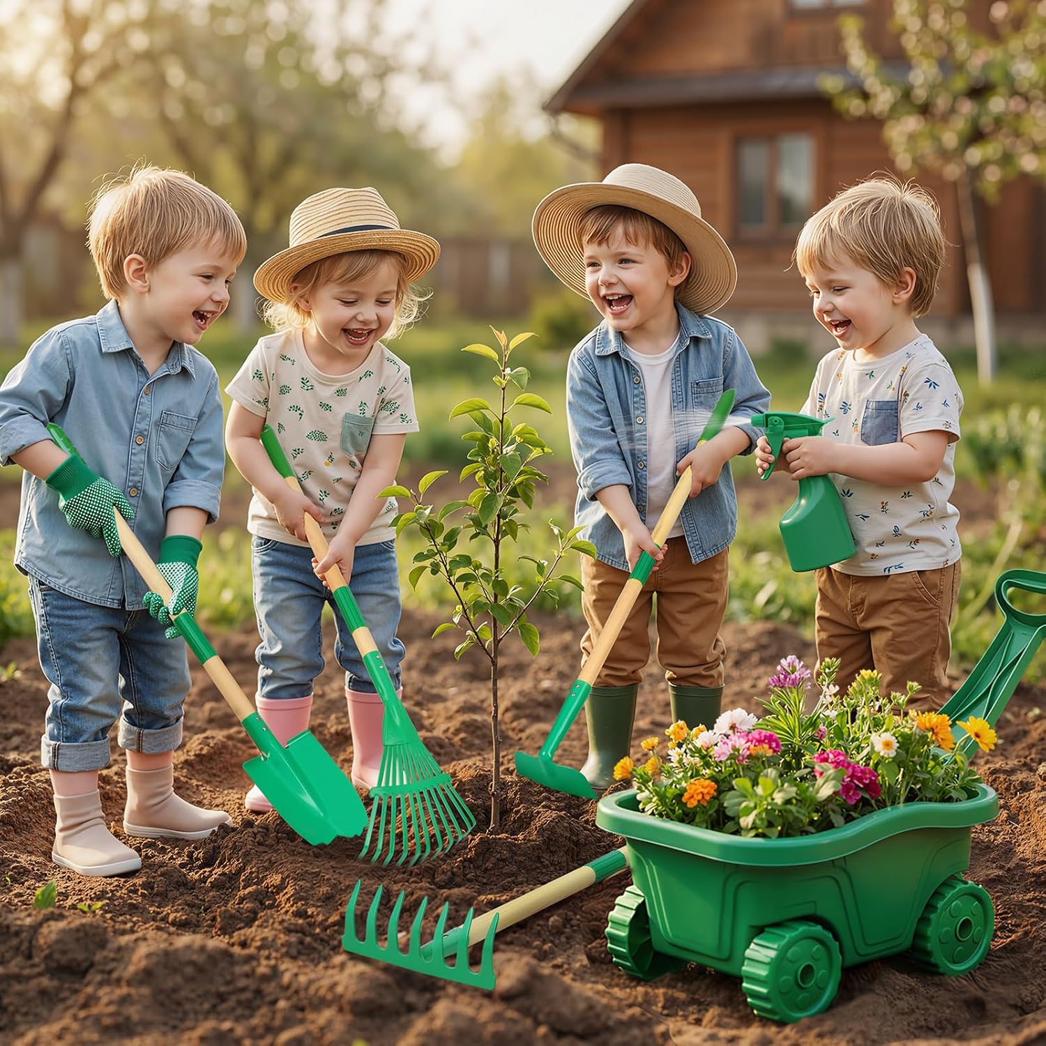 Detalle de Hot Bee Schubkarre für Kinder mit Gartengeräte Set – Grün, 3–8 Jahre