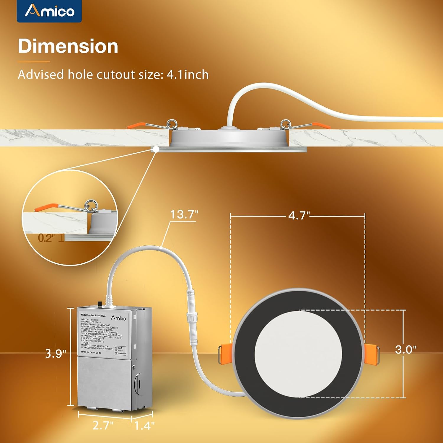 Detalle 1 de Amico A18AX011212009CA 4-Inch Black Recessed LED Pot Lights, 5CCT, Night Light