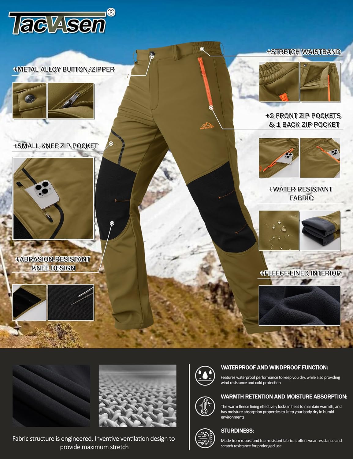 Detalle de TACVASEN Men's Outdoor Winter Trousers water-resistant hiking trousers