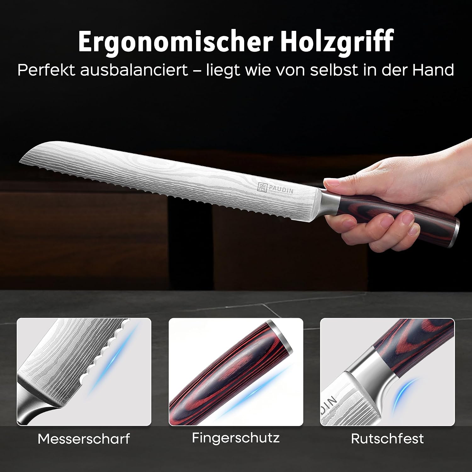 Detalle de PAUDIN Brotmesser 26 cm Wellenschliff rostfreier Edelstahl