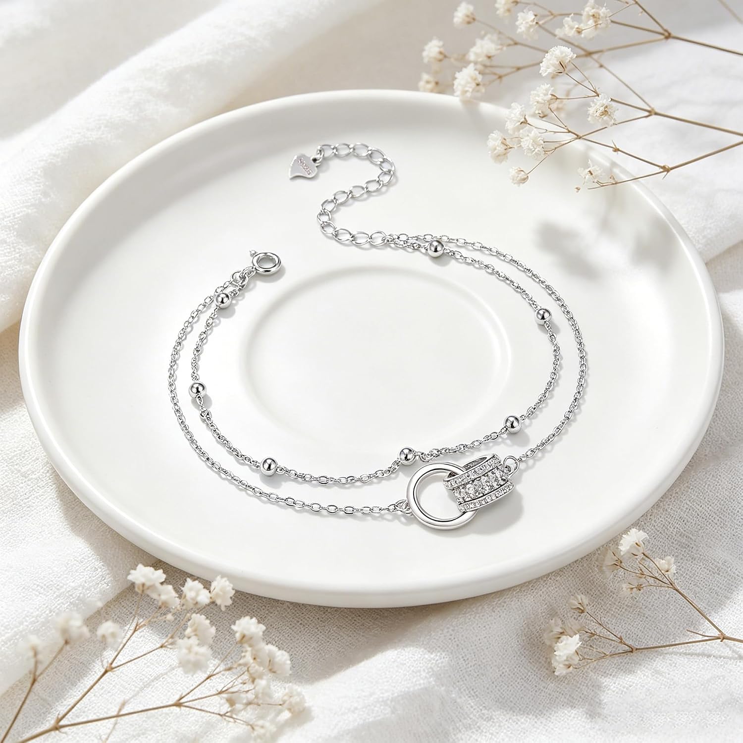 Detalle de Arrebol Armband 925 Sterling Silber – Doppelketten-Design, verstellbar 16+4 cm, hypoallergen, mit Zirkonia