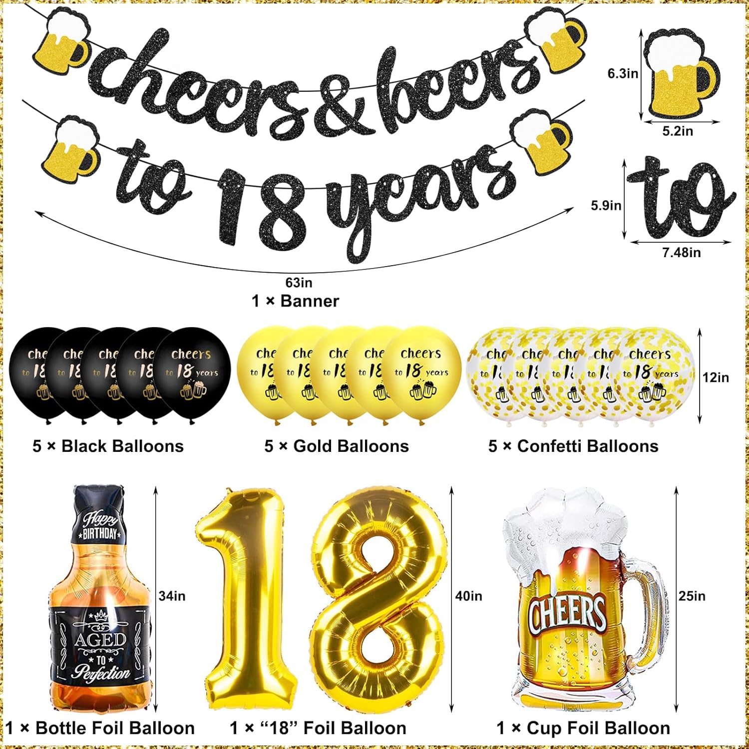 Thumbnail 1 de 18th Birthday Decorations for Boys – 18 Happy Birthday kit with cheer banner, number 18 balloon & confetti balloons