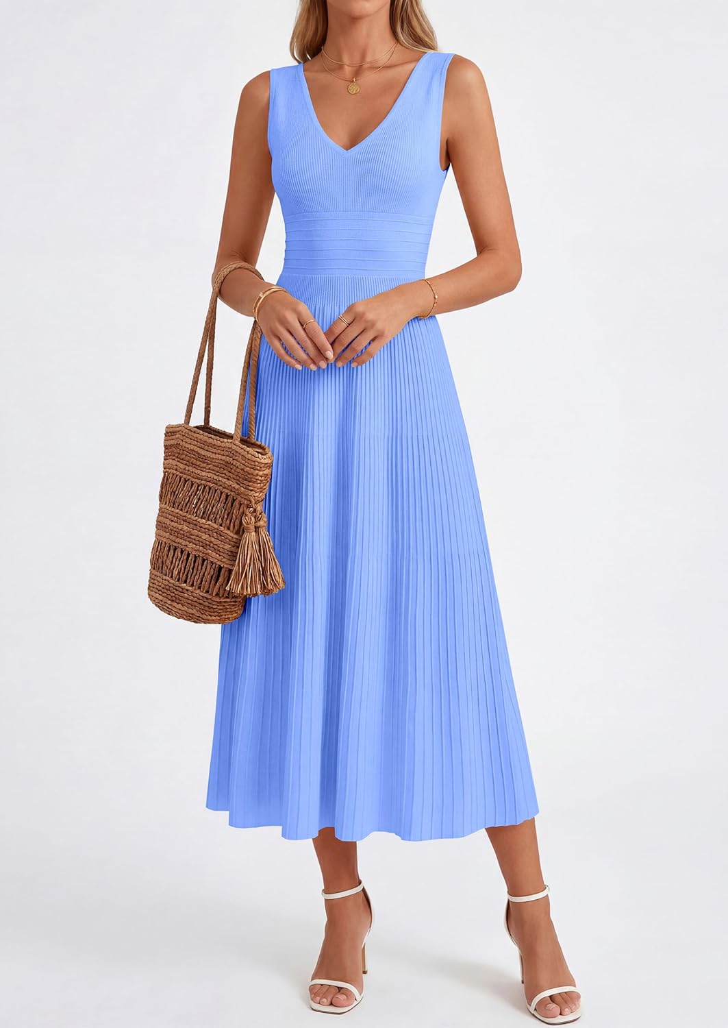 Thumbnail 5 de PRETTYGARDEN Summer Dresses for Women 2026: Pleated Midi V-Neck Sleeveless Dress