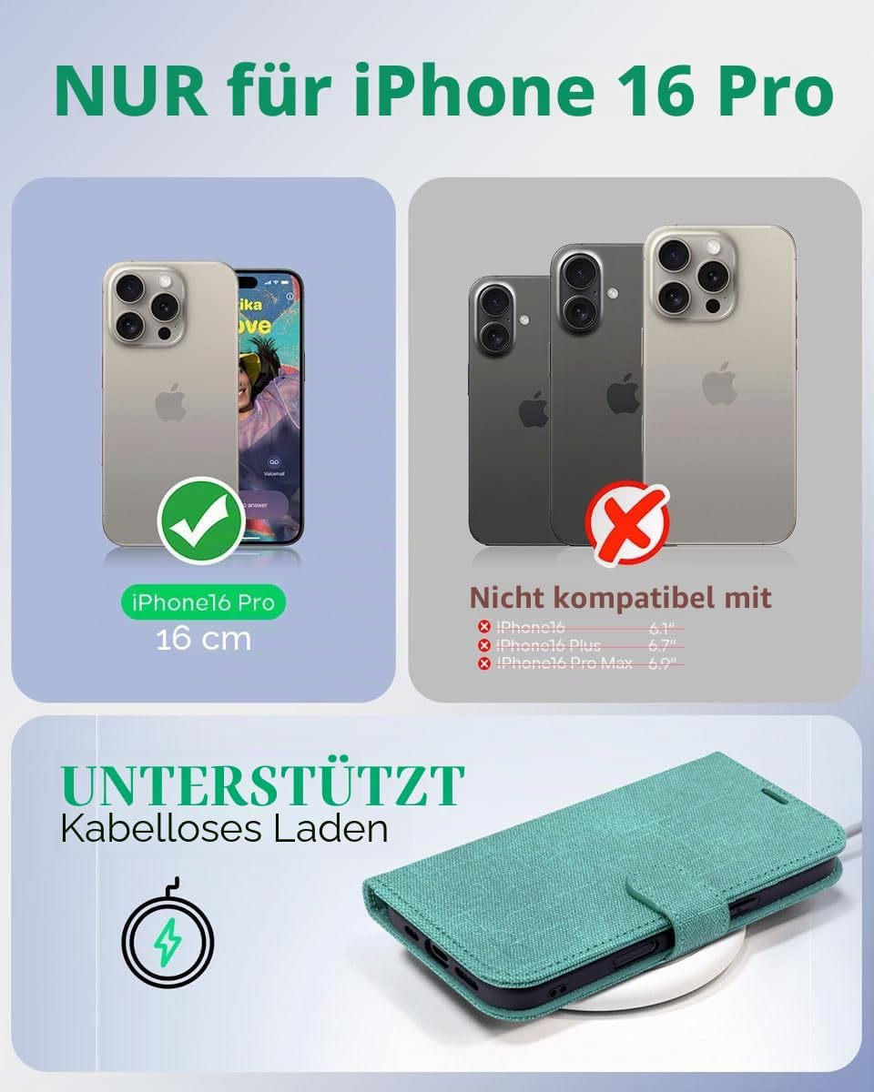 Detalle 2 de OCASE iPhone 16 Pro Hülle mit Kartenfach, Standfunktion & RFID-Schutz (PU-Leder) – Klapphülle für 6,3 Zoll