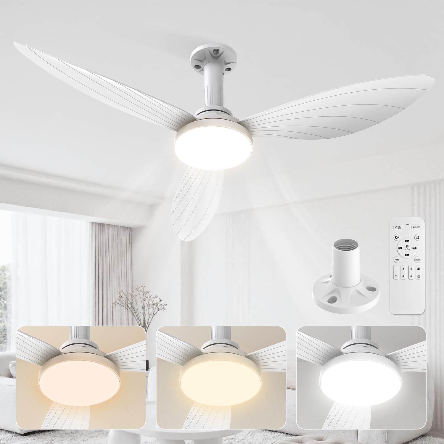 Detalle de Airwit N42001-CA 42-Inch White Ceiling Fan with Remote and Dimmable LED