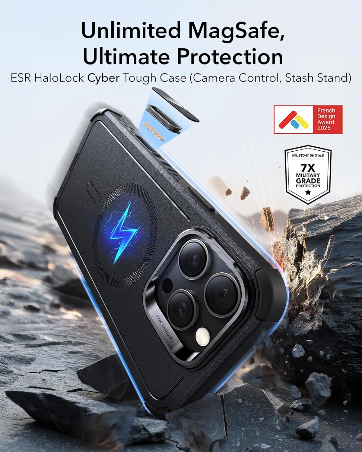 Thumbnail 2 de ESR iPhone 16 Pro Max Case with Stand (Cyber Series) — Military-Grade Drop Protection, MagSafe Compatibility, Black