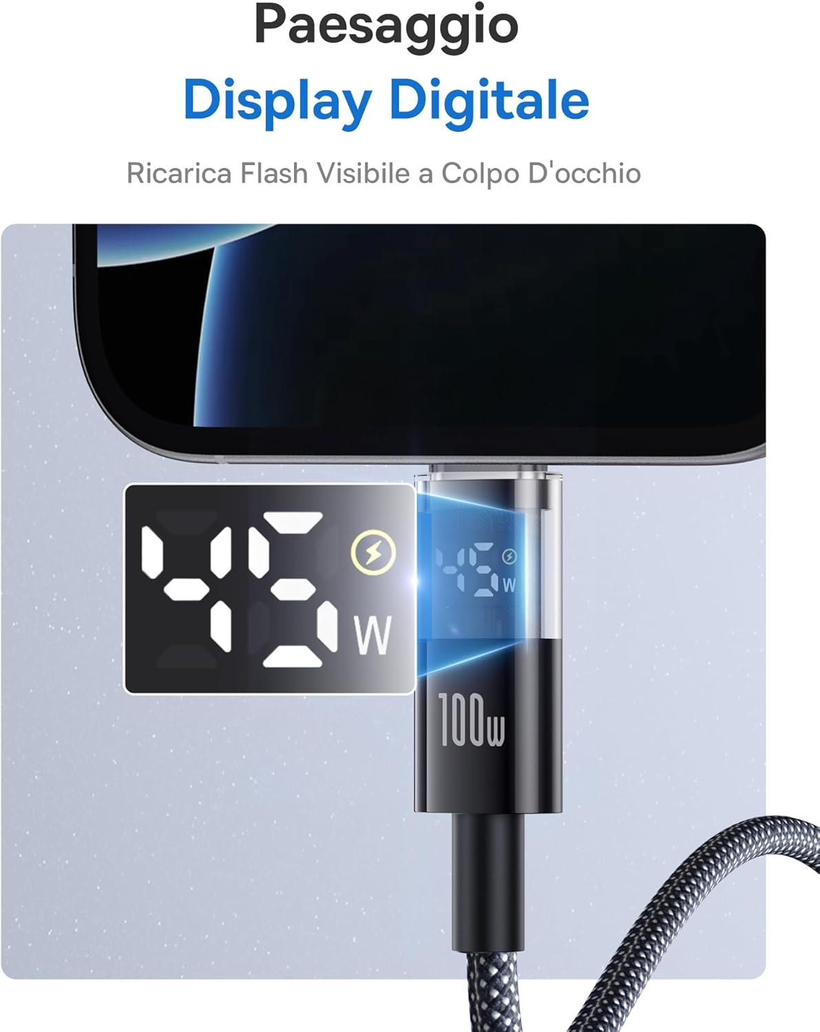 Thumbnail 1 de Baseus Cavo USB-C con Display Digitale, Ricarica 100 W, 2 m – Cavo intrecciato da USB-C a USB-C