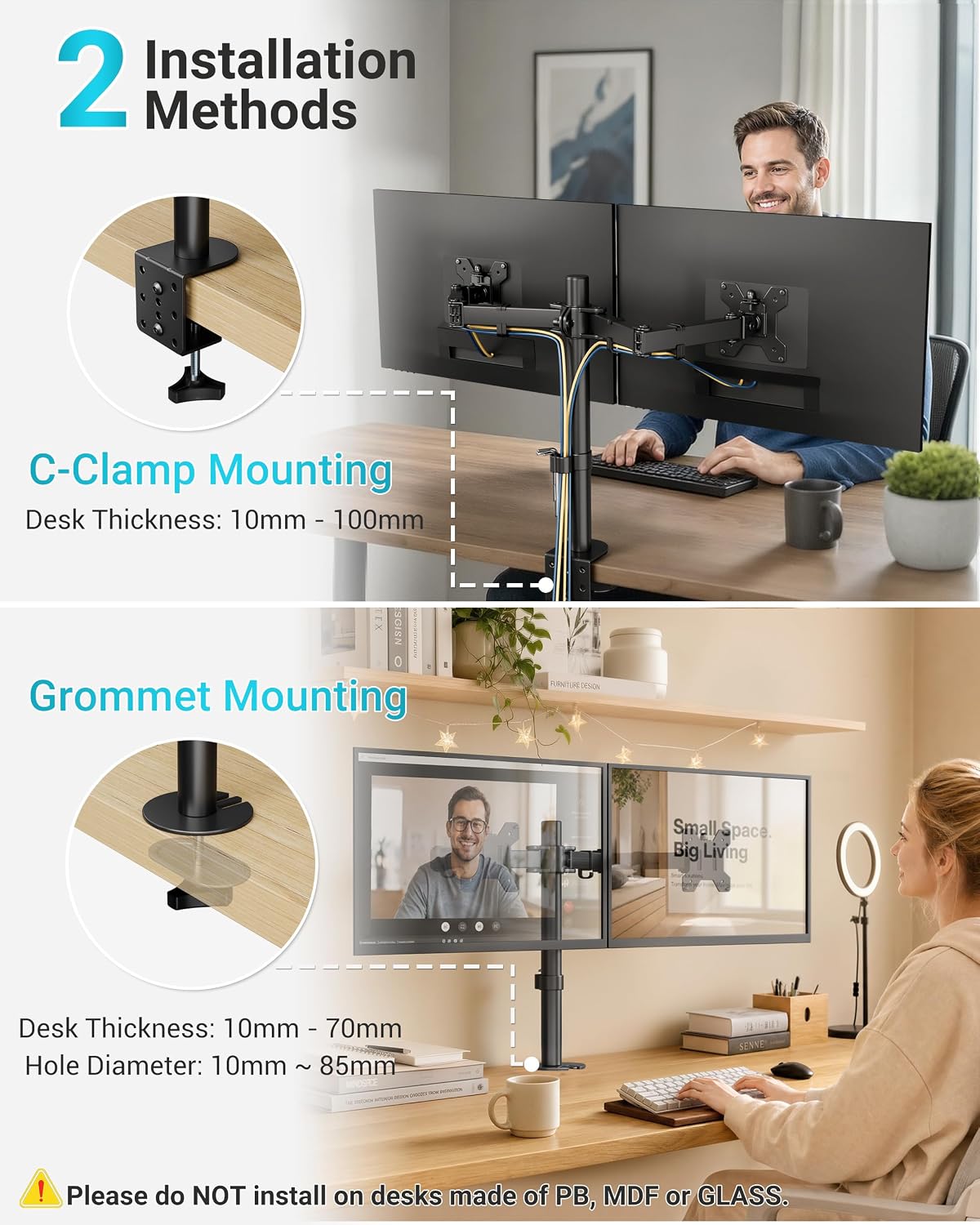 Detalle 2 de BONTEC MDM 002 dubbele monitorarm voor 13–27 inch, verstelbaar tot 430 mm