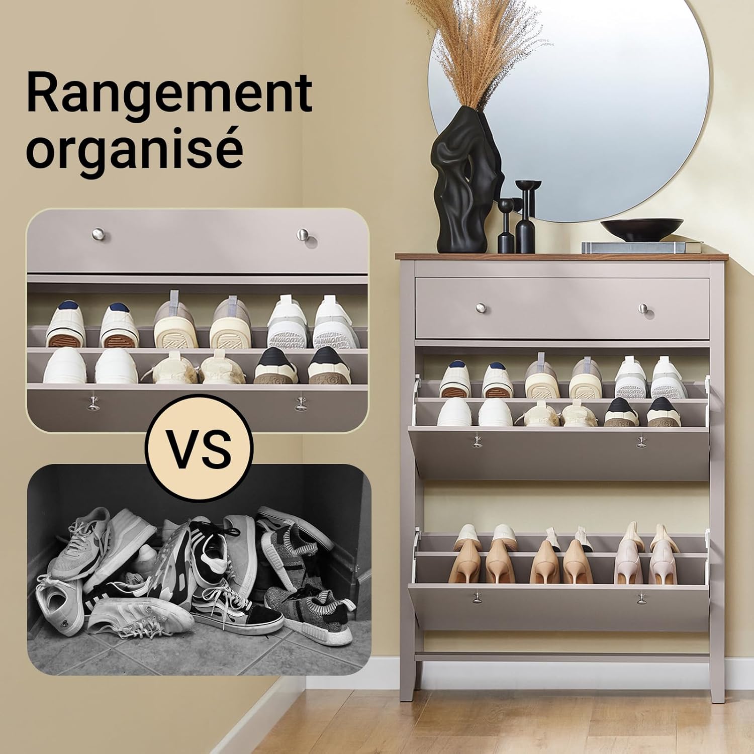 Detalle de SoBuy Meuble Chaussure Entrée – Grand rangement 12 paires, MDF E1, Marron clair (FSR89-KA)