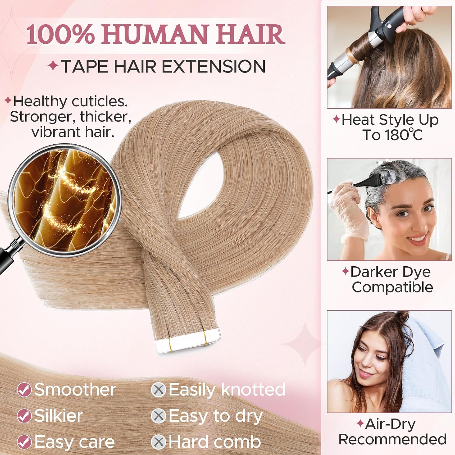 Detalle de SEGO Extension Cheveux Naturel Adhesif Lisse Leger 20 Pièces – Ruban Blanc 45 cm