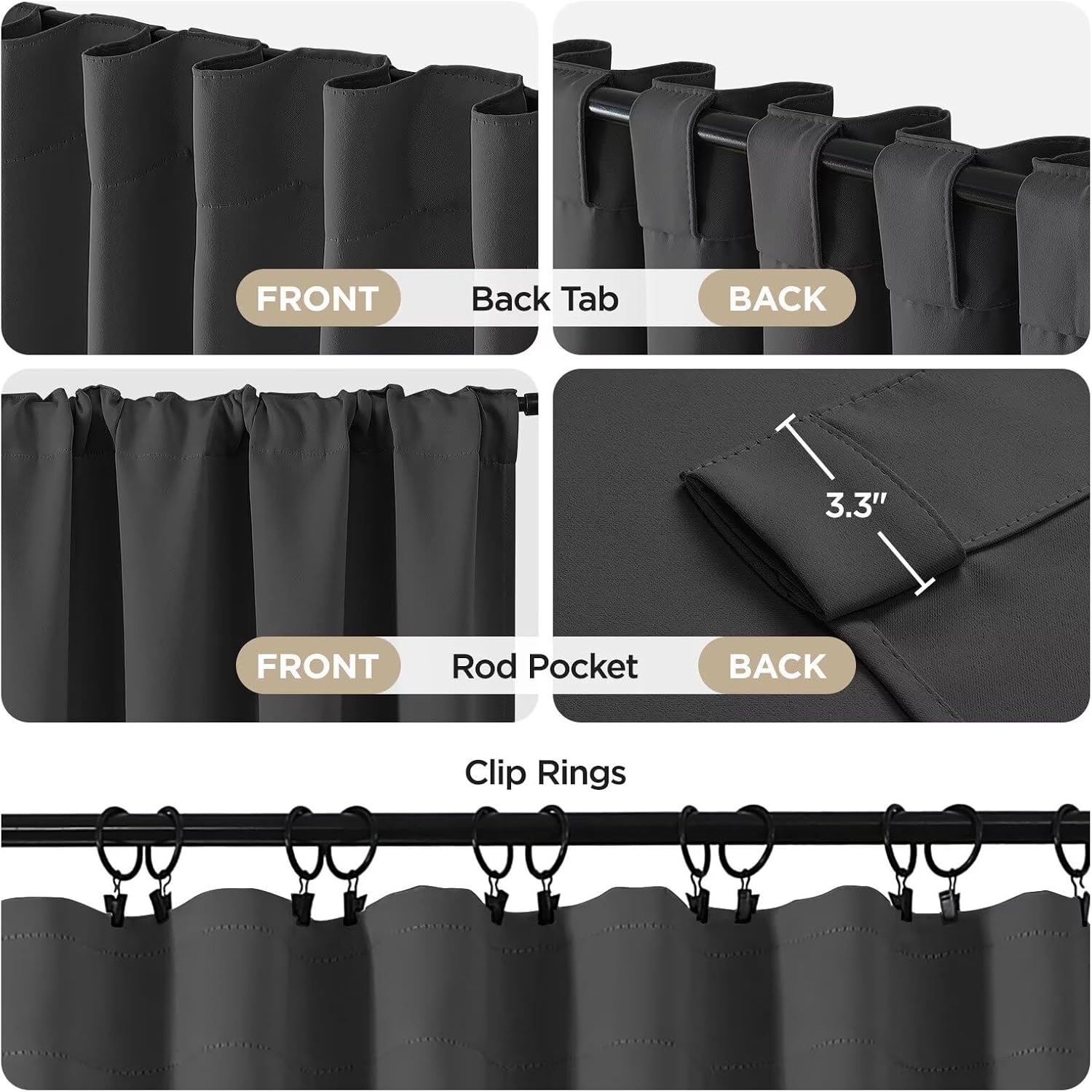 Detalle de Joydeco GD861 RBT Blackout Curtains, 108-Inch Dark Gray Polyester, 2 Panels