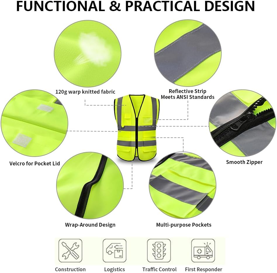 Detalle de Hi Vis Vests for Women Men – High Visibility Reflective Safety Vest (Breathable, Zipper Pocket) for Work & Outdoor Use