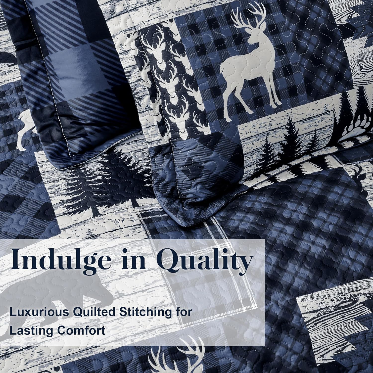 Thumbnail 5 de Cabin 3-Piece Full/Queen Quilt Set (90"x96") Reversible Farmhouse Rustic Microfiber Bedding, Blue