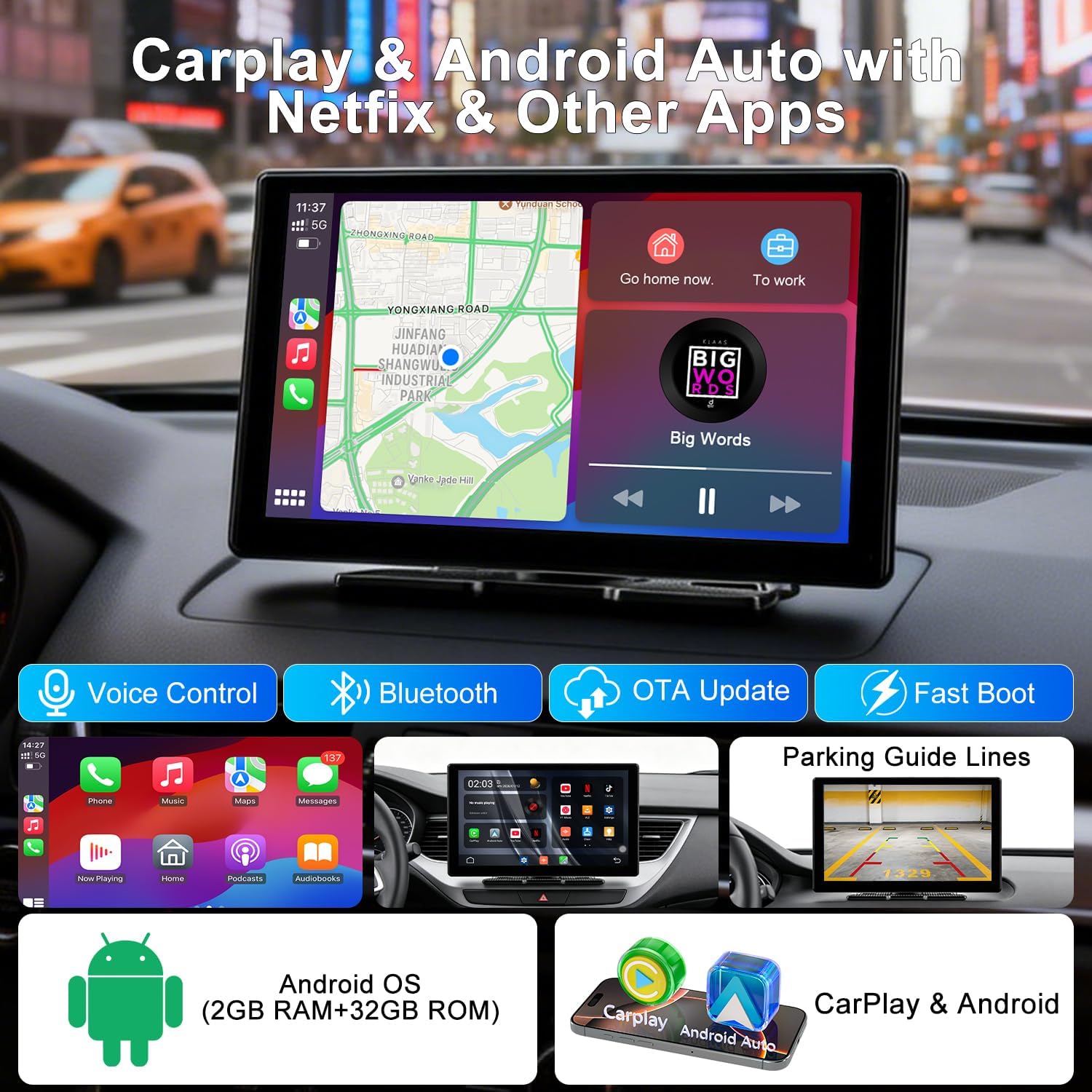 Thumbnail 1 de 9-inch Wireless CarPlay & Android Auto Screen with Built-In Streaming Apps and HD Backup Camera