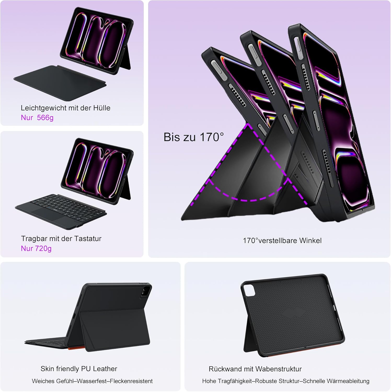 Thumbnail 5 de WIWU iPad Pro 13 Hülle mit Tastatur 3 in 1 – magnetisch abnehmbar, Beleuchtete Tasten, Touchpad (Schwarz) für iPad Pro 13" M4/M5 2024/2025