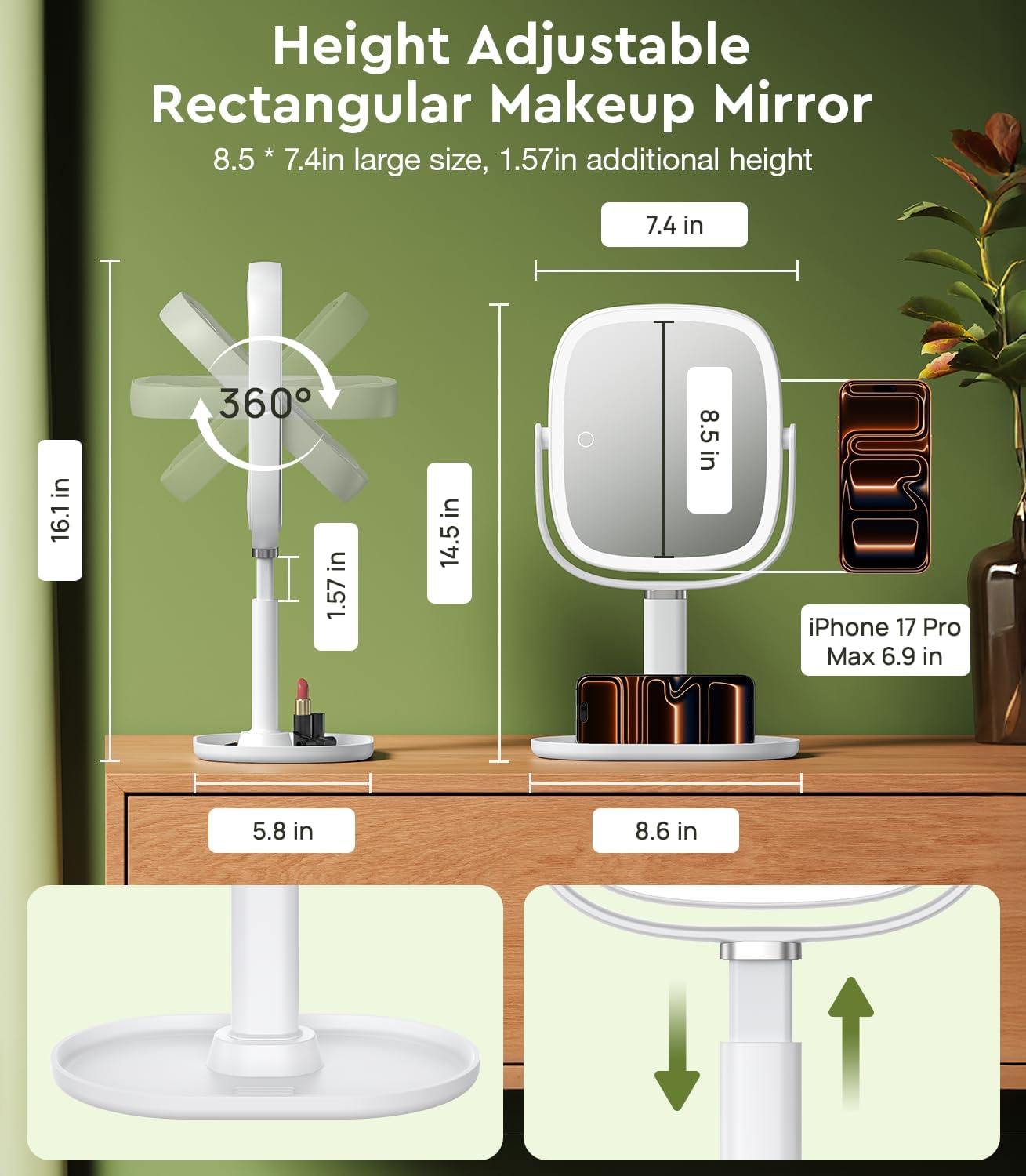 Thumbnail 2 de Glowtop Height Adjustable Lighted Makeup Mirror with 1X / 20X Magnification, 4000mAh Rechargeable Battery, Tray Base & Phone Stand (White)