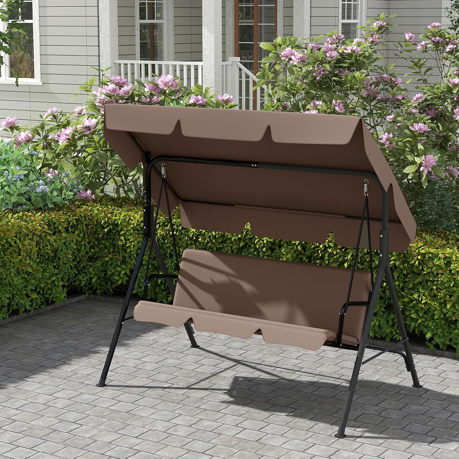 Detalle 2 de UISEBRT Dondolo da giardino a 3 posti con tettuccio regolabile – marrone scuro, 176 × 110 × 152 cm