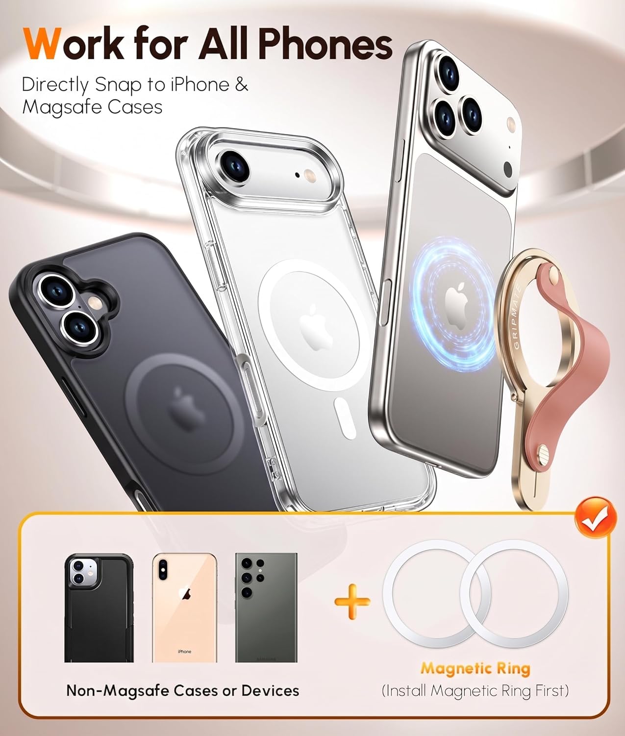 Detalle 1 de GripMate Magnetic Phone Holder, Slim Amber MagSafe Ring Grip & Stand