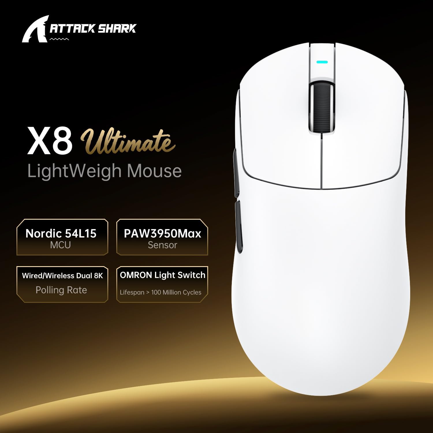 Detalle de ATTACK SHARK X8 Ultimate Maus – Large Hand, 65 g, 3‑Modi Verbindungen, PAW3950MAX