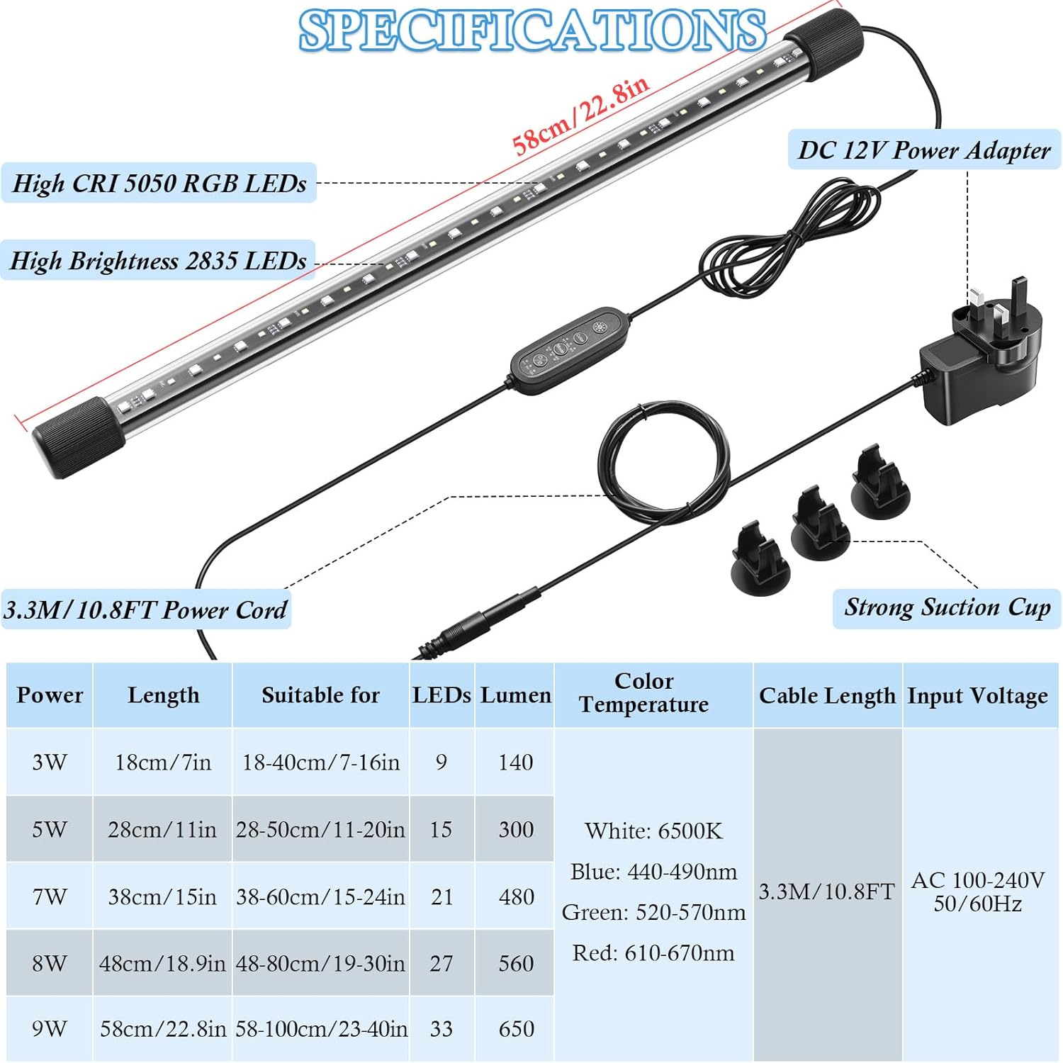 Detalle 2 de PYPABL 58cm Submersible Aquarium LED Light: Full Spectrum RGBW, 24/7 Natural Mode