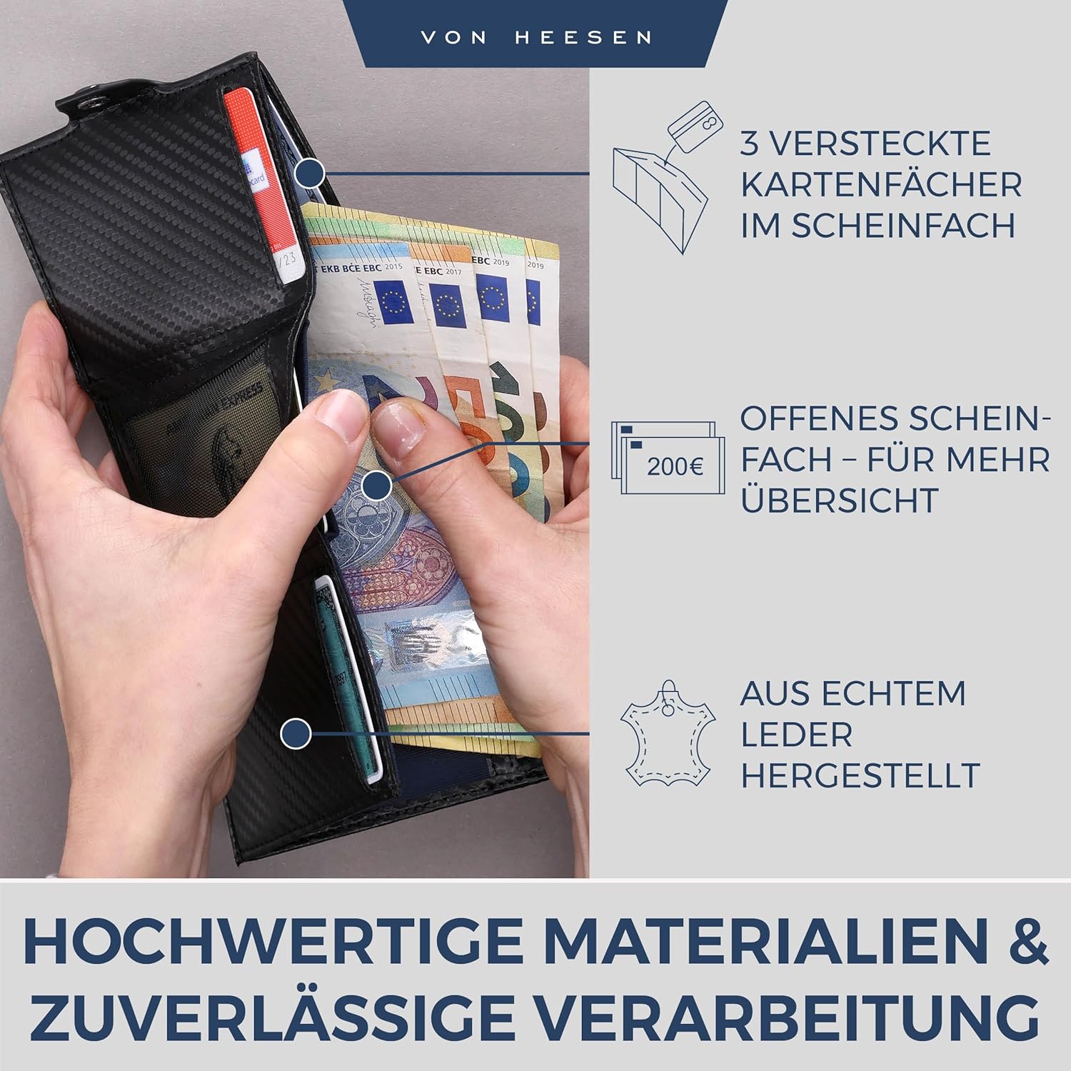Thumbnail 3 de VON HEESEN Slim Wallet mit Münzfach & RFID-Schutz – Carbon-Schwarz, Mini Geldbörse