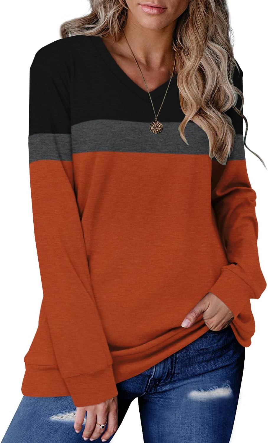 Detalle 2 de KISSMODA Women’s Long Sleeve V-Neck Sweatshirt – Loose Casual Tunic Top