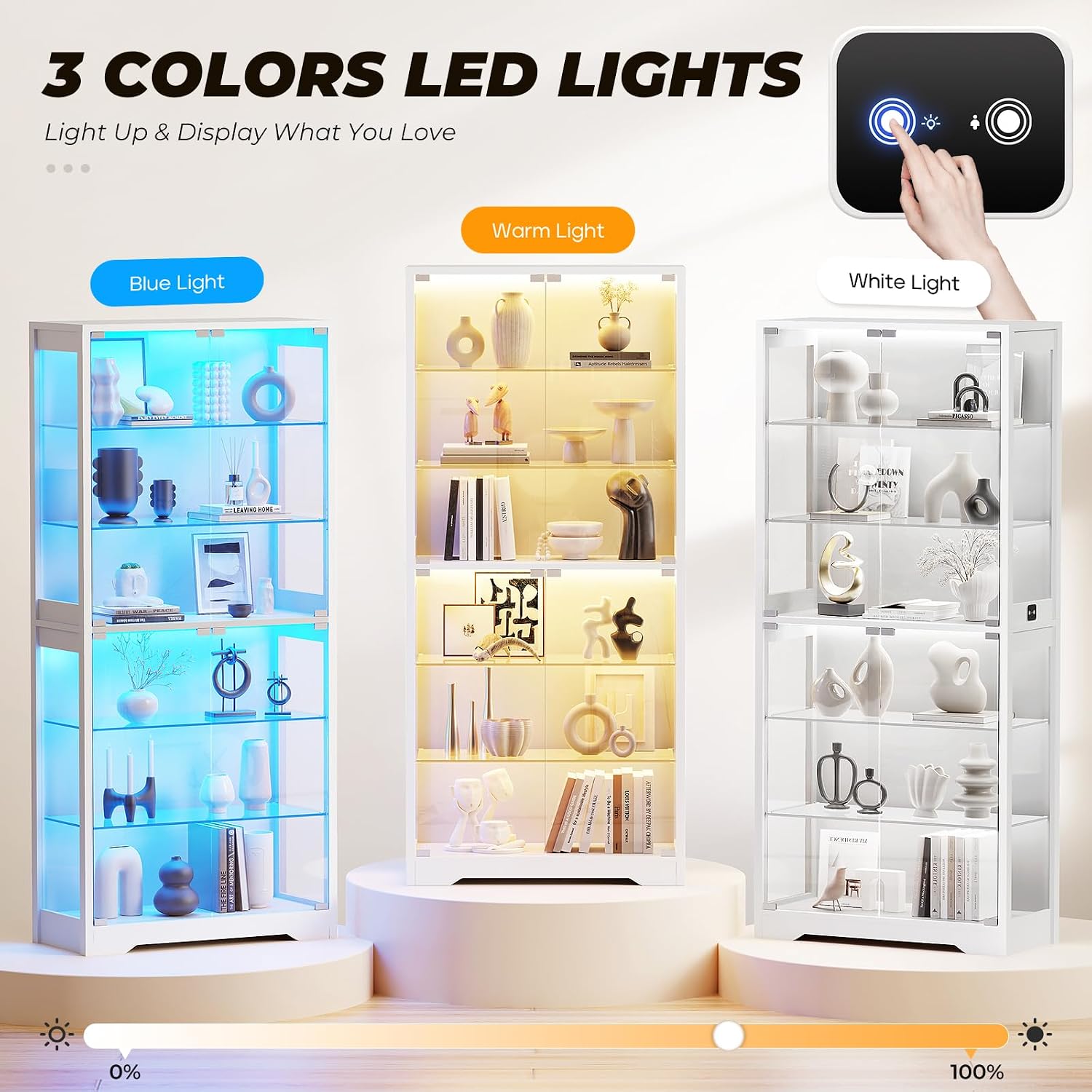 Detalle de BROTTAR BD019 71-Inch Display Cabinet with Glass Shelves and 3-Color LED Lights