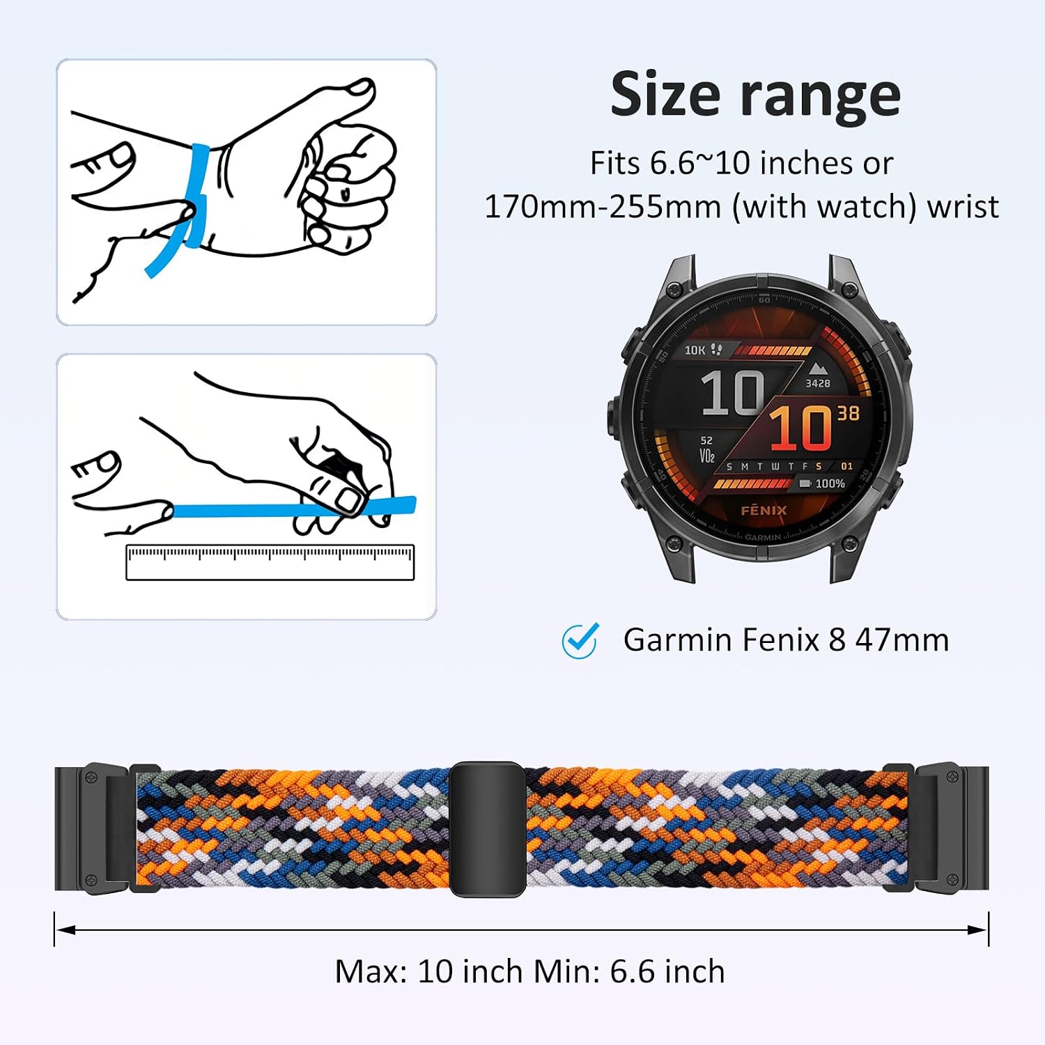 Detalle de RosMank 22mm Quickfit Braided Nylon Watch Band for Garmin Fenix 8 47mm and More
