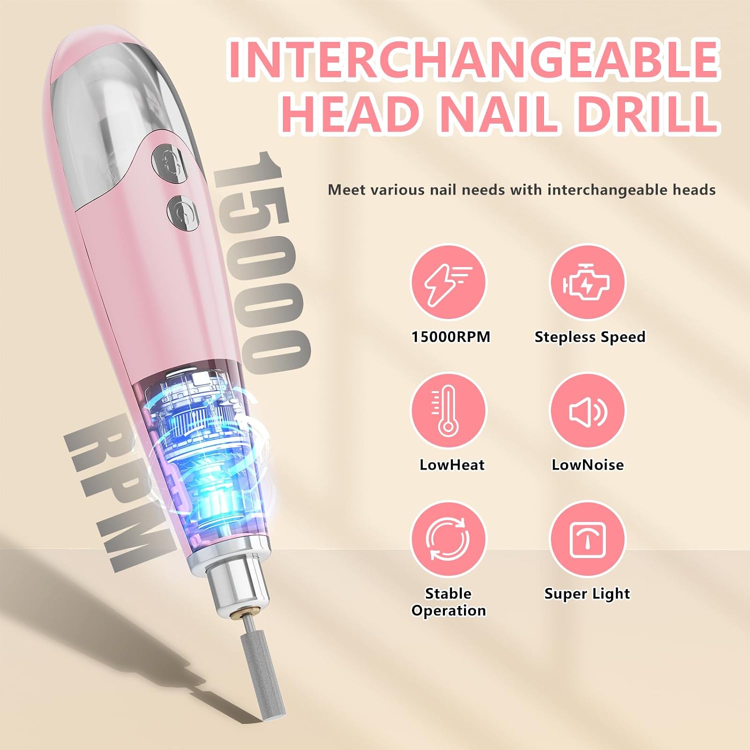 Detalle de SYTUNG Electric Nail Drill Professional - 15000RPM Cordless Kit (Pink)