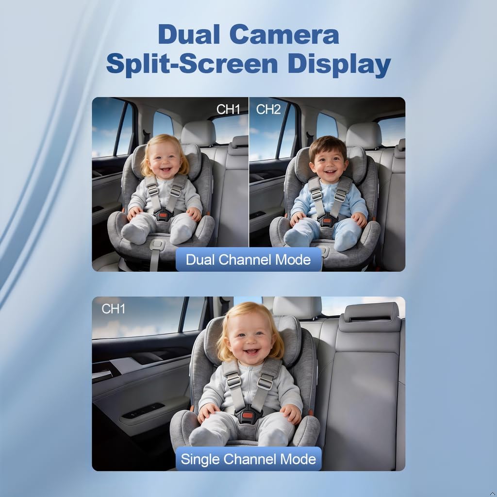 Detalle 2 de Baby Kamera Auto für 2 Kinder – 7,2 Zoll Split-Screen Doppelkamera HD 1440P, 360° Drehbar, IR-Nachtsicht