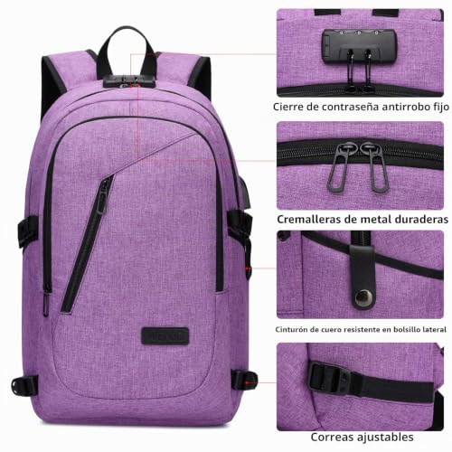 Detalle de WENIG Mochila Portátil para Mujer 15.6" — Impermeable, Antirrobo y USB, color Púrpura