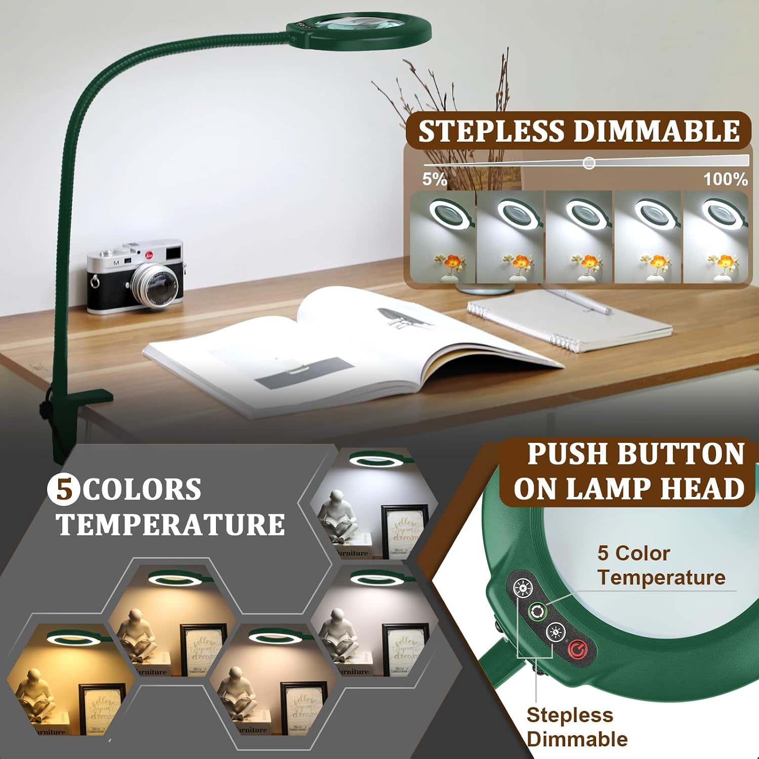 Thumbnail 2 de Veemagni 12X Real Glass Magnifying Glass with Light – Flexible Gooseneck LED Desk Lamp with Clamp